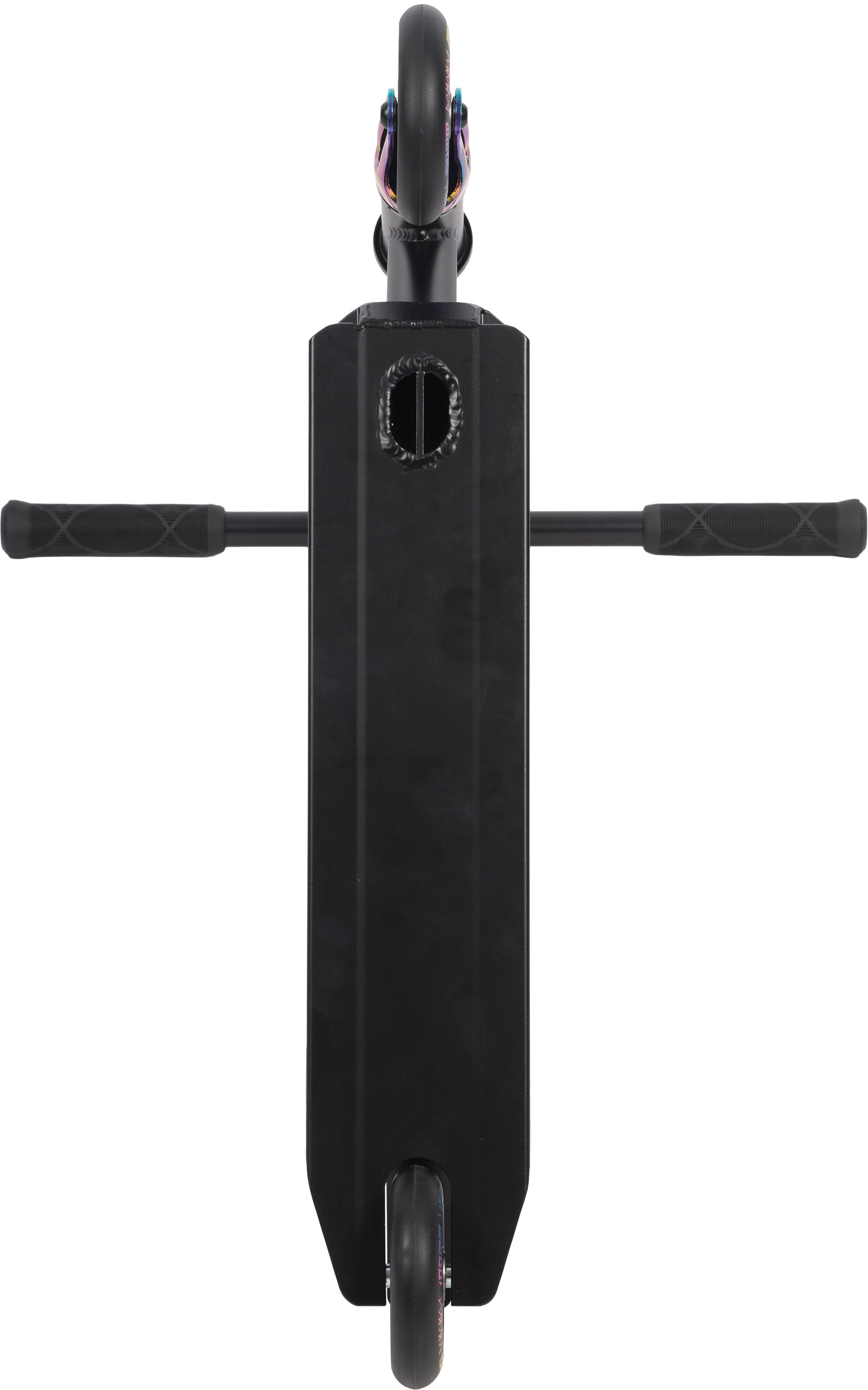 Top-down view of the Legacy Raze Complete Stunt Scooter by Legacy in Black/Oil Slick, featuring two side-extending handlebars and visible front and rear wheels.
