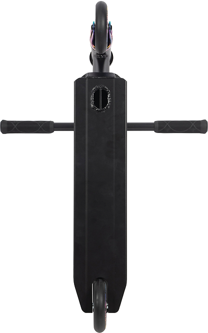 Top-down view of the Legacy Raze Complete Stunt Scooter by Legacy in Black/Oil Slick, featuring two side-extending handlebars and visible front and rear wheels.