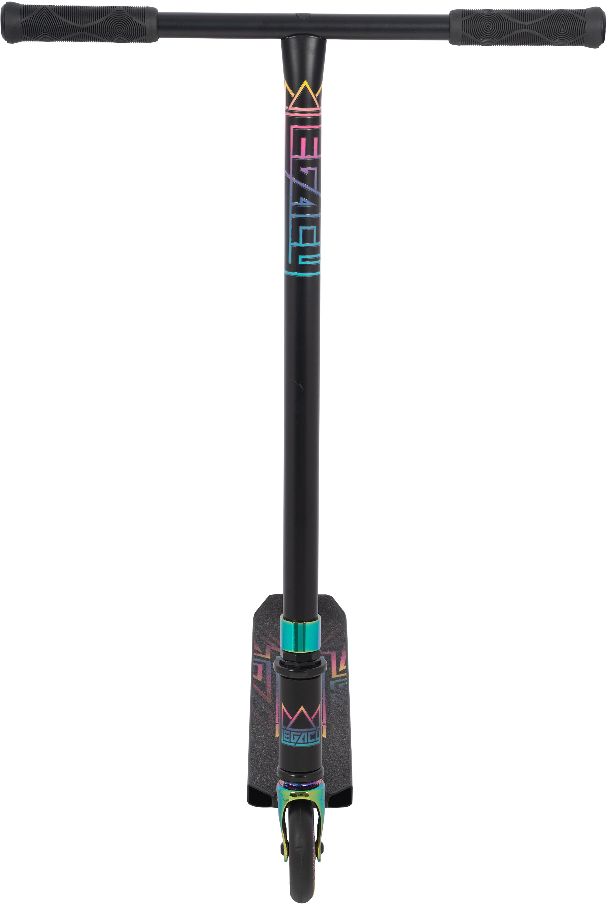 Front view of the Legacy Raze Complete Stunt Scooter by Legacy in Black / Oil Slick, featuring rainbow accents, a flat handlebar with textured grips, single front wheel, and a geometric logo—perfect as a kids stunt scooter.