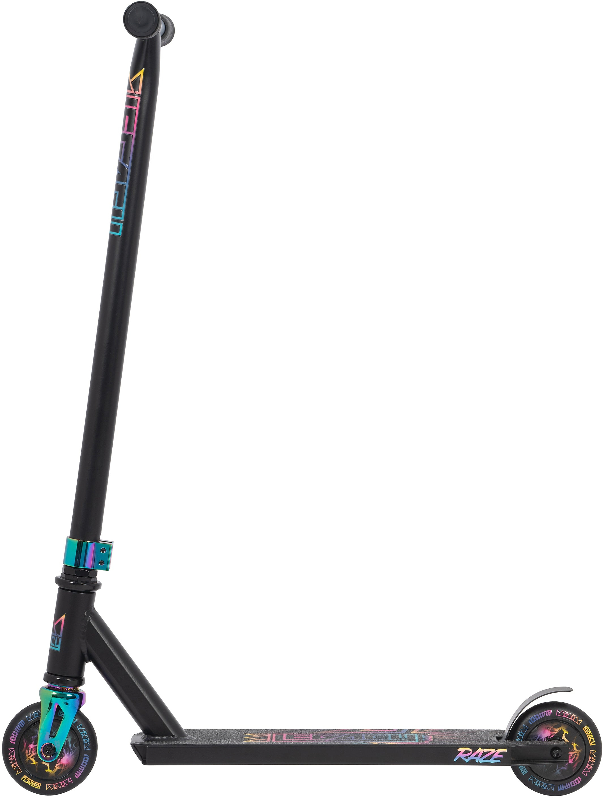 The Legacy Raze Complete Stunt Scooter in Black / Oil Slick by Legacy is an entry-level scooter featuring a tall handlebar, colorful oil slick accents on the wheels, clamp, and deck, plus a sleek upright design for kids ready to ride.