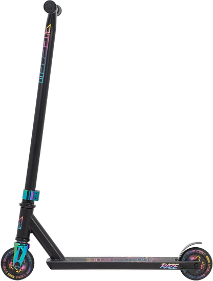 The Legacy Raze Complete Stunt Scooter in Black / Oil Slick by Legacy is an entry-level scooter featuring a tall handlebar, colorful oil slick accents on the wheels, clamp, and deck, plus a sleek upright design for kids ready to ride.