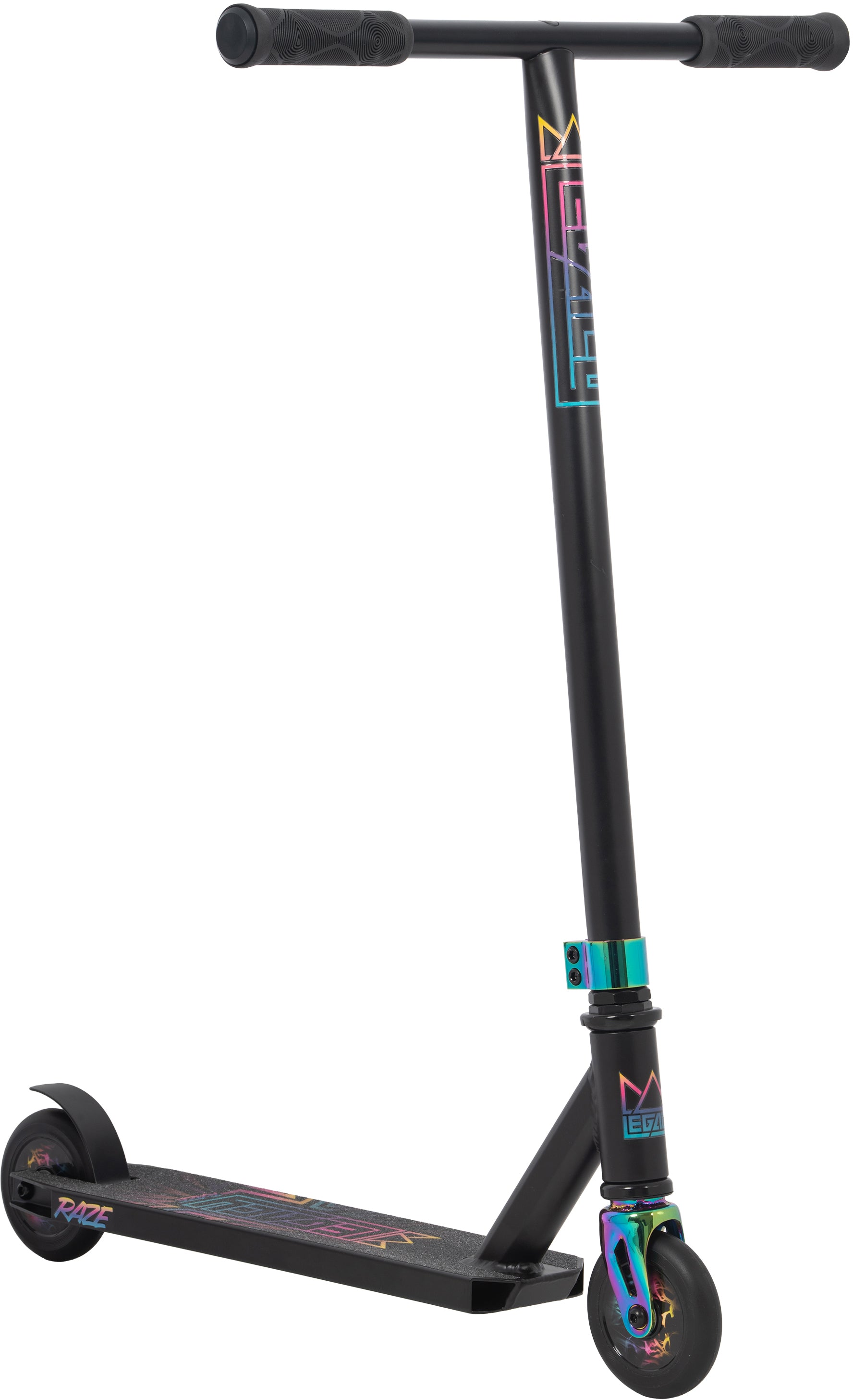 The Legacy Raze Complete Stunt Scooter in Black/Oil Slick is an entry-level stunt scooter featuring a T-bar, colorful geometric graphics, small black wheels, and headset and wheel cores with a striking metallic oil slick finish.