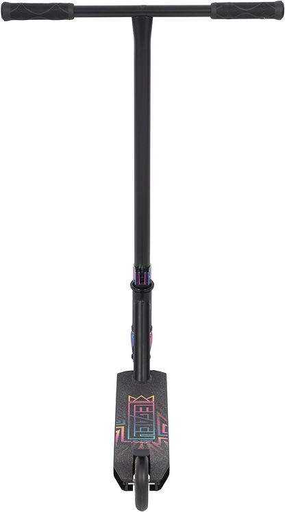 The Legacy Raze Complete Stunt Scooter by Legacy features a black design with oil slick accents, a graphic-covered deck, and grip tape—perfect for entry-level riders.