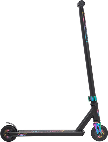 The Legacy Raze Complete Stunt Scooter in Black/Oil Slick features rainbow chrome accents on the handlebars, clamps, and deck—an ideal entry-level scooter by Legacy for kids eager to learn new tricks.