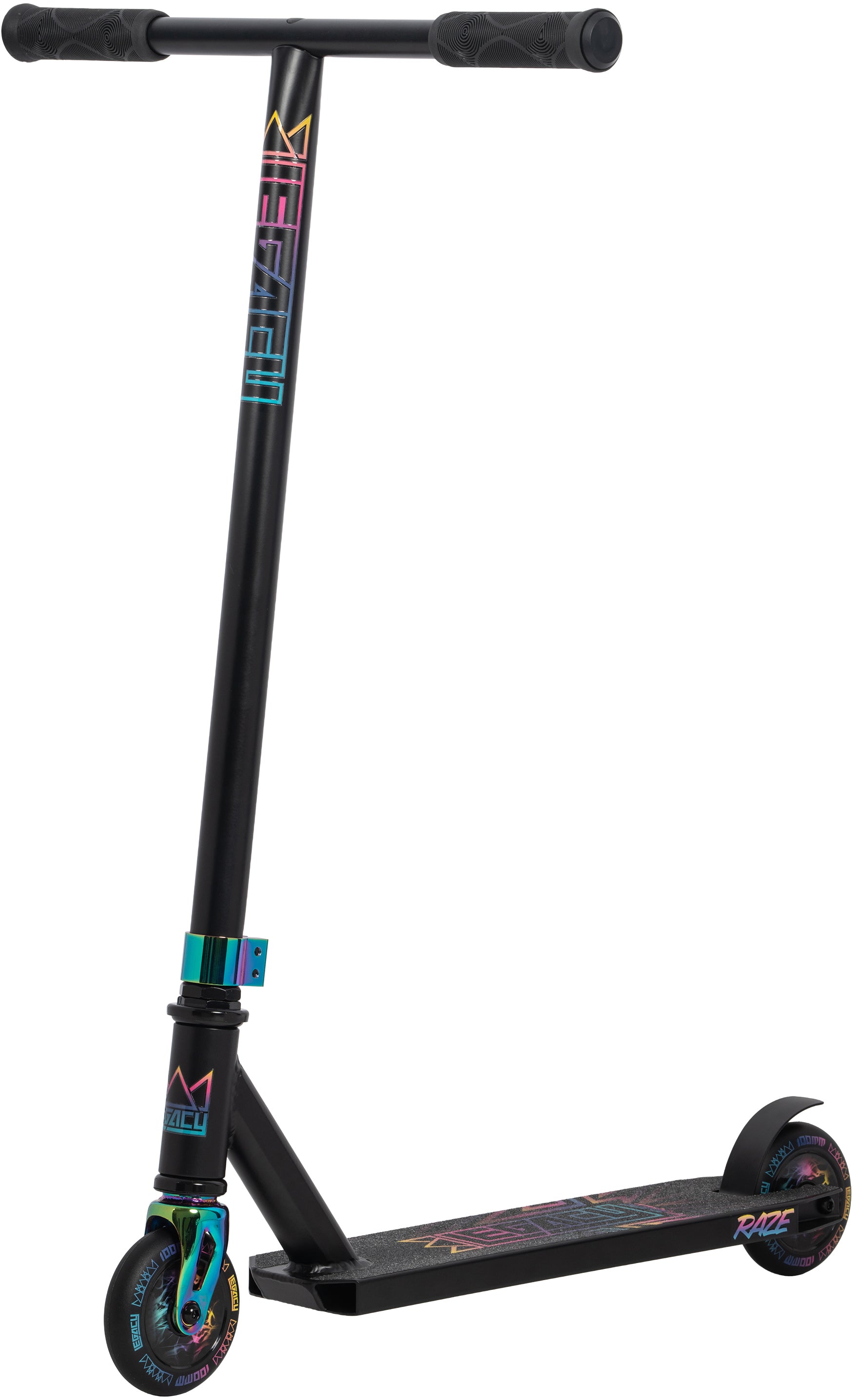 The Legacy Raze Complete Stunt Scooter - Black / Oil Slick features a black frame, rainbow (oil slick) deck and clamp accents, black handlebar grips, and vibrant multicolored wheels—offering kids a modern, eye-catching ride.
