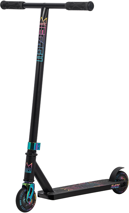 The Legacy Raze Complete Stunt Scooter - Black / Oil Slick features a black frame, rainbow (oil slick) deck and clamp accents, black handlebar grips, and vibrant multicolored wheels—offering kids a modern, eye-catching ride.