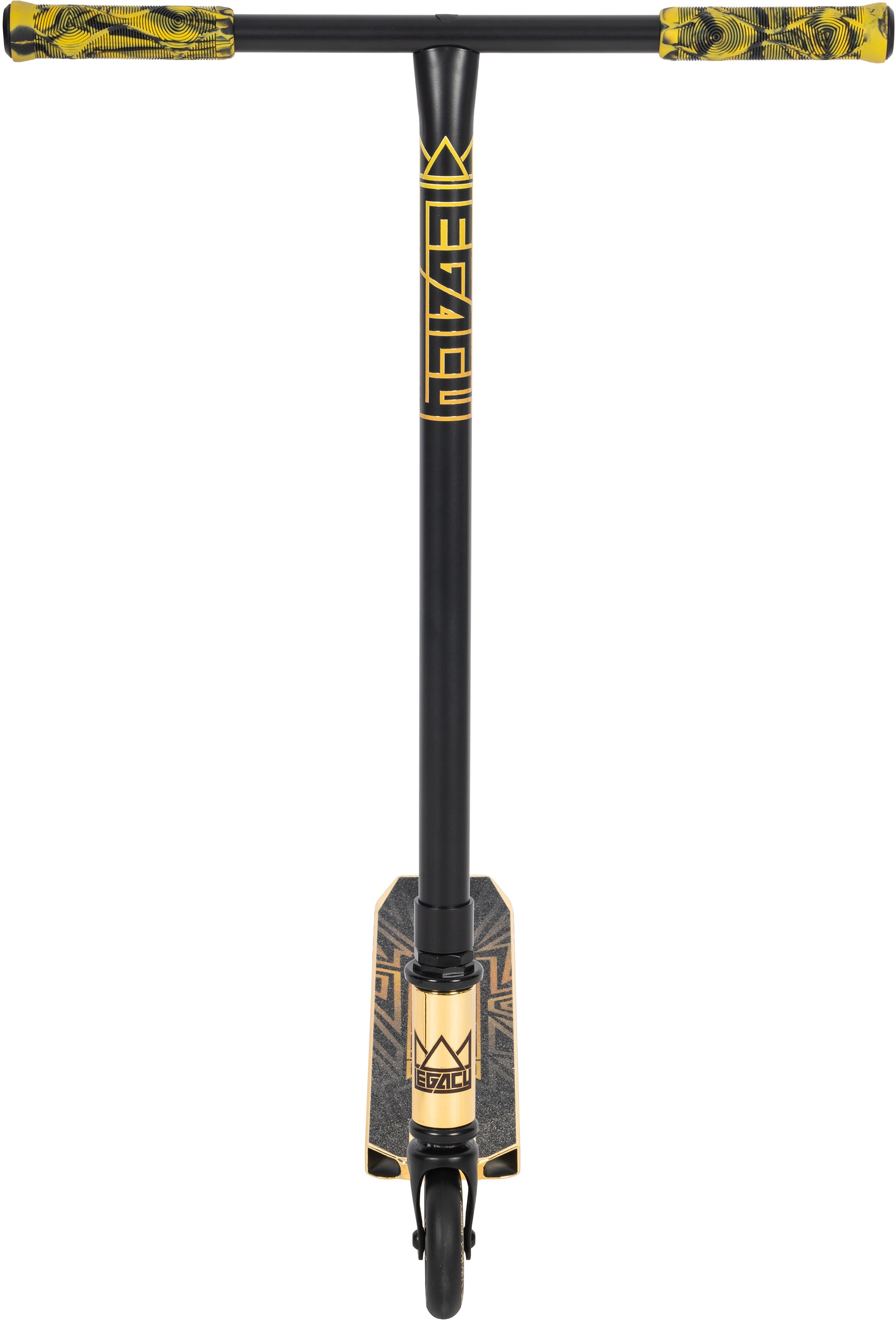 The Legacy Raze Complete Stunt Scooter by Legacy in gold and black is pictured front-on, showing its wide handlebar with patterned grips, sturdy deck with a crown logo, and single front wheel—ideal for kids and new riders.