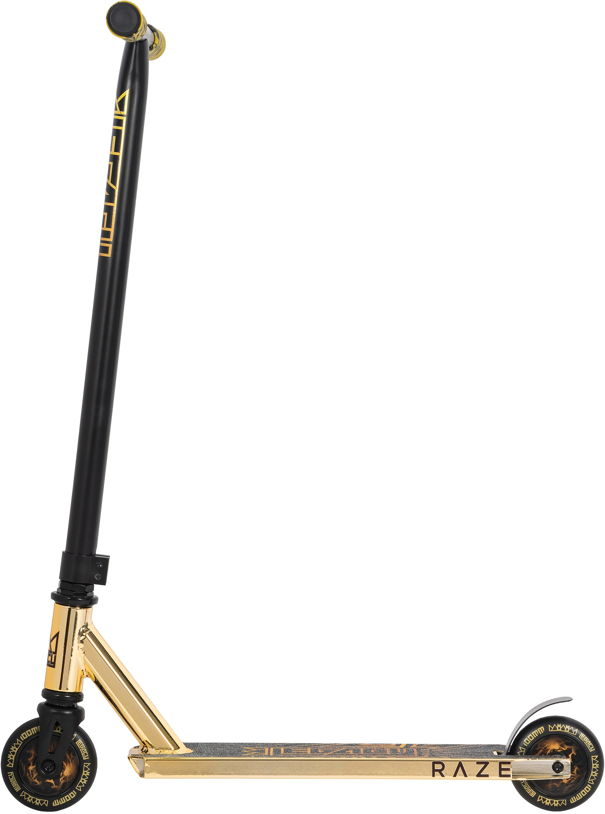 The Legacy Raze Complete Stunt Scooter in gold and black features a black handlebar with a vertical logo, a gold deck displaying "RAZE," gold wheels and accents, and is shown from the side.