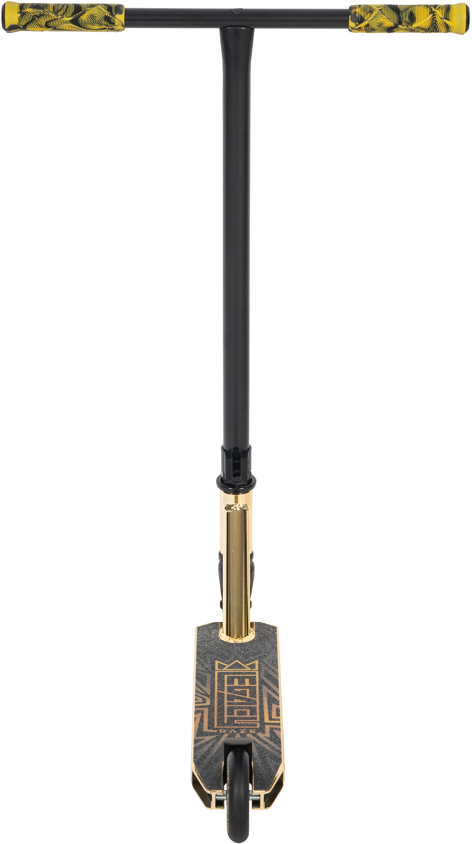 Front view of the Legacy Raze Complete Stunt Scooter in gold and black by Legacy, featuring patterned yellow handlebar grips and a geometric deck design.