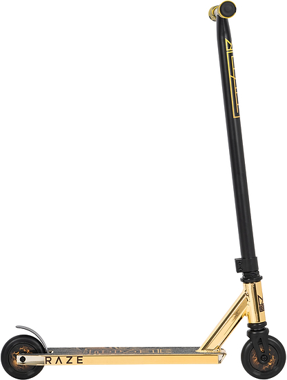 The Legacy Raze Complete Stunt Scooter in gold and black features a long handlebar, black wheels, and a metallic gold deck with the RAZE logo—ideal for kids learning their first tricks.