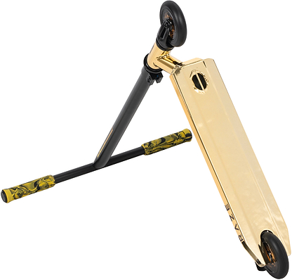 The Legacy Raze Complete Stunt Scooter by Legacy in gold and black features yellow and black camo-patterned grips, shown lying on its side with the deck up and the handlebar resting on the ground.