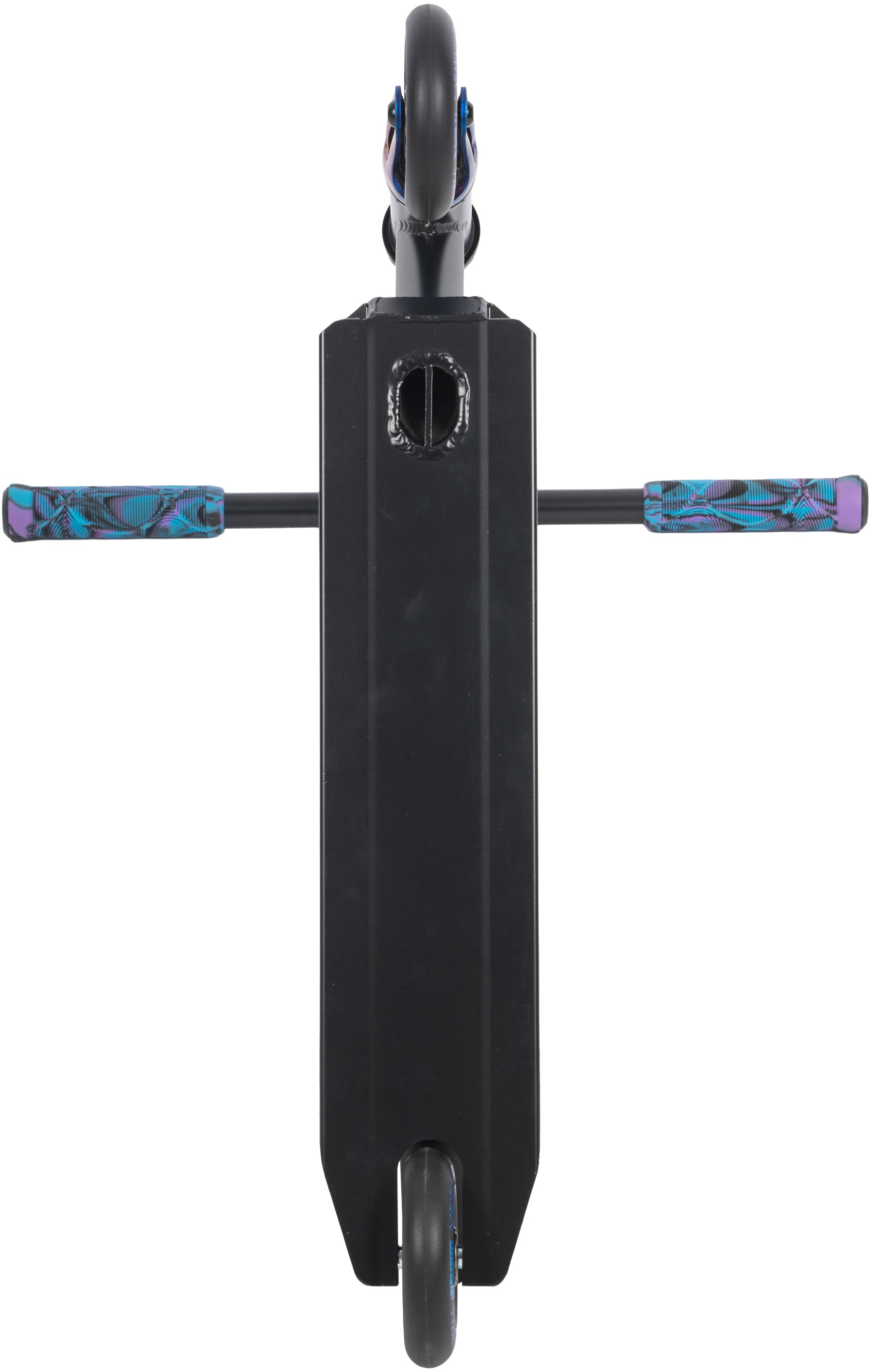 Top-down view of the Legacy Raze Complete Stunt Scooter - Blue Ray / Black by Legacy, designed for beginners. Features black with purple and teal grips, and a black wheel with blue accents.