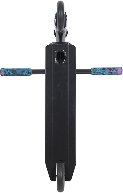 Top-down view of the Legacy Raze Complete Stunt Scooter - Blue Ray / Black by Legacy, designed for beginners. Features black with purple and teal grips, and a black wheel with blue accents.