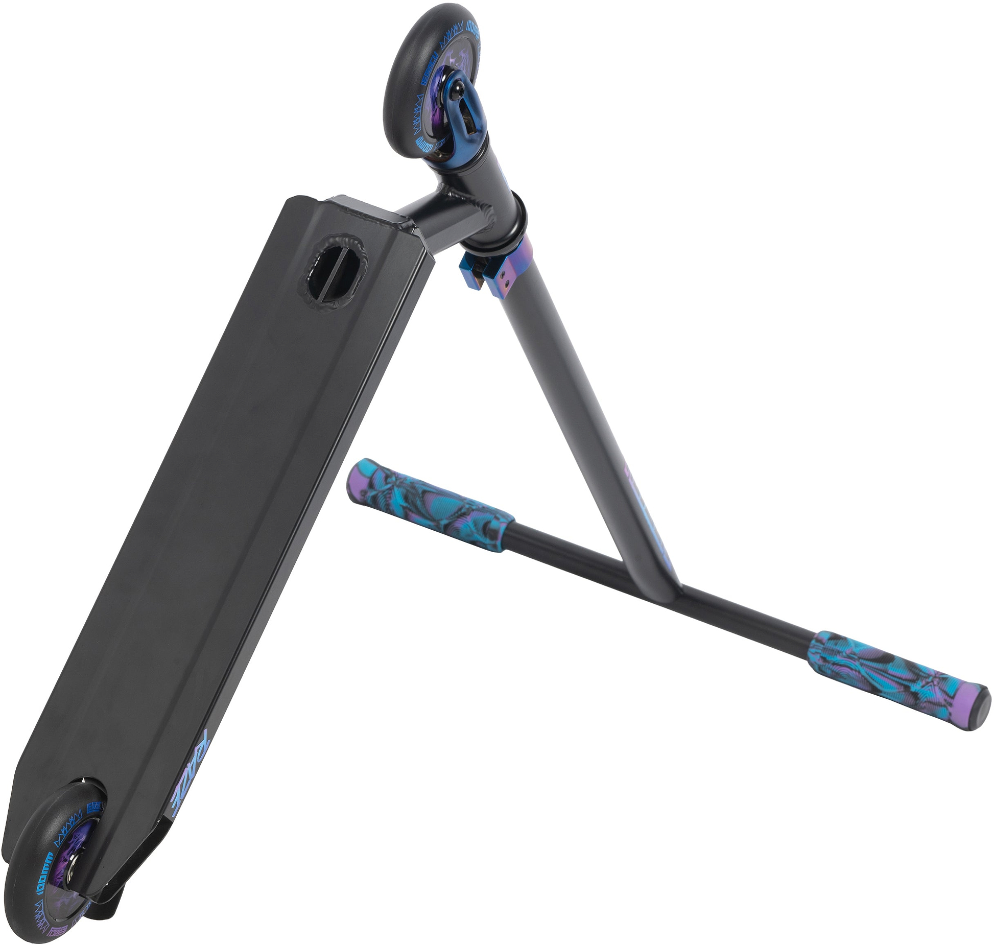 The Legacy Raze Complete Stunt Scooter - Blue Ray / Black by Legacy features blue and purple grips and a purple-accented wheel, ideal for kids learning tricks. Displayed on a white background.