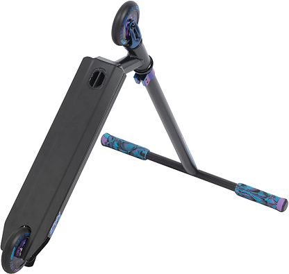 The Legacy Raze Complete Stunt Scooter - Blue Ray / Black by Legacy features blue and purple grips and a purple-accented wheel, ideal for kids learning tricks. Displayed on a white background.