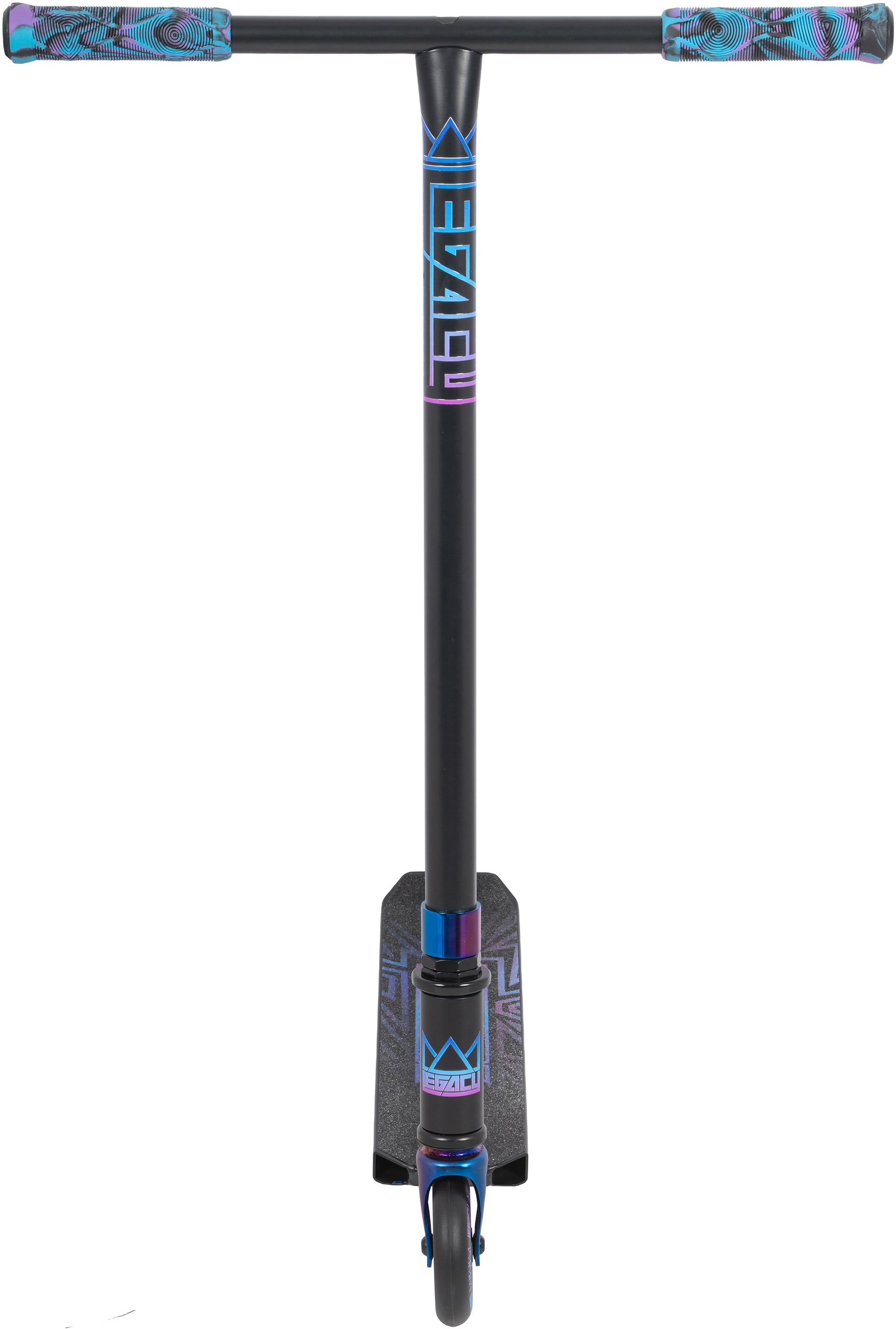 Front view of the Legacy Raze Complete Stunt Scooter in Blue Ray/Black by Legacy. Features wide handlebars with patterned grips, a single front wheel, and a geometric deck design—ideal for kids starting to learn tricks.