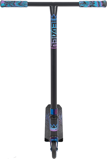Front view of the Legacy Raze Complete Stunt Scooter in Blue Ray/Black by Legacy. Features wide handlebars with patterned grips, a single front wheel, and a geometric deck design—ideal for kids starting to learn tricks.