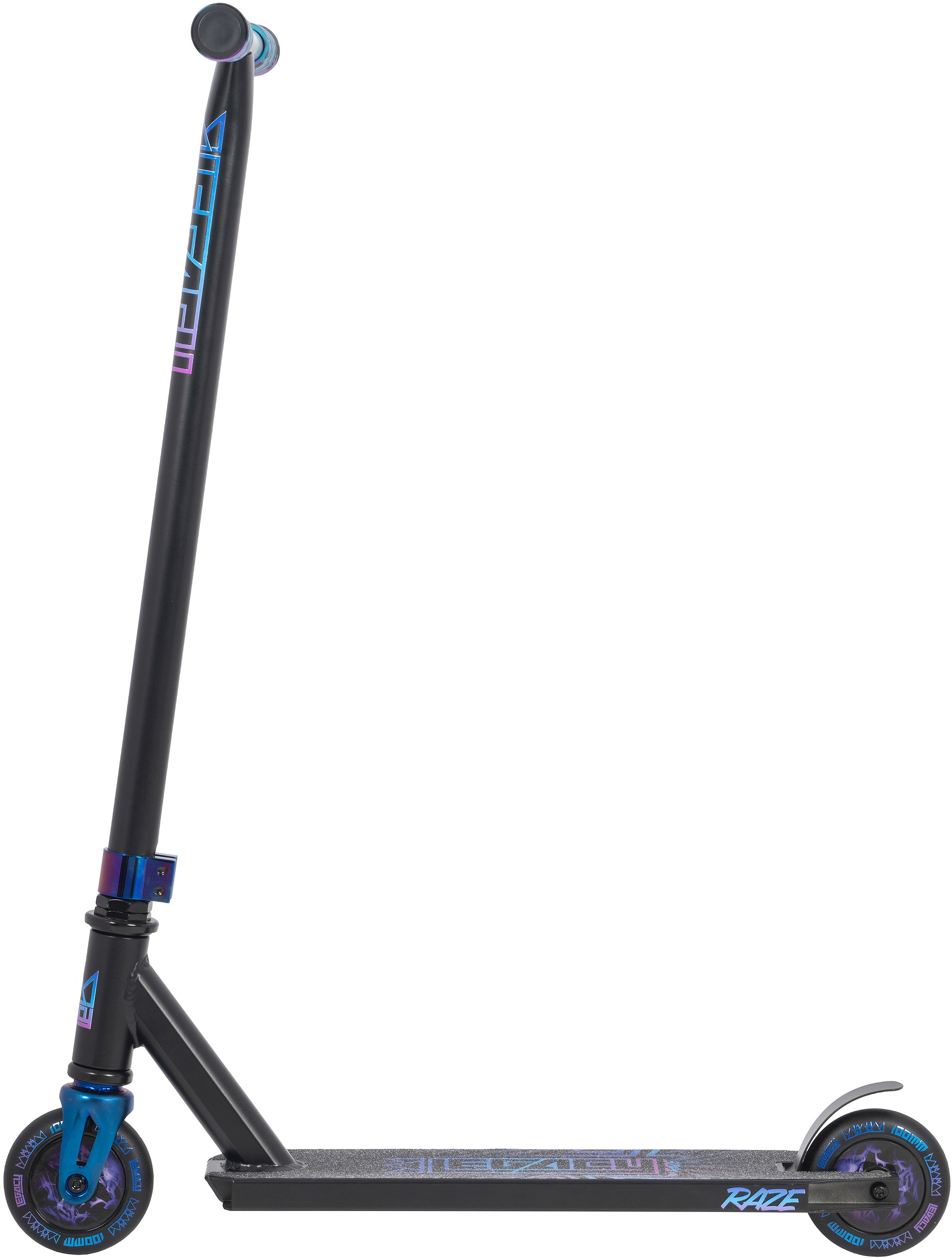 The Legacy Raze Complete Stunt Scooter – Blue Ray / Black by Legacy features a two-wheel design, griptape foot deck, and blue handlebar grips—ideal for kids starting their stunt scooter adventures.