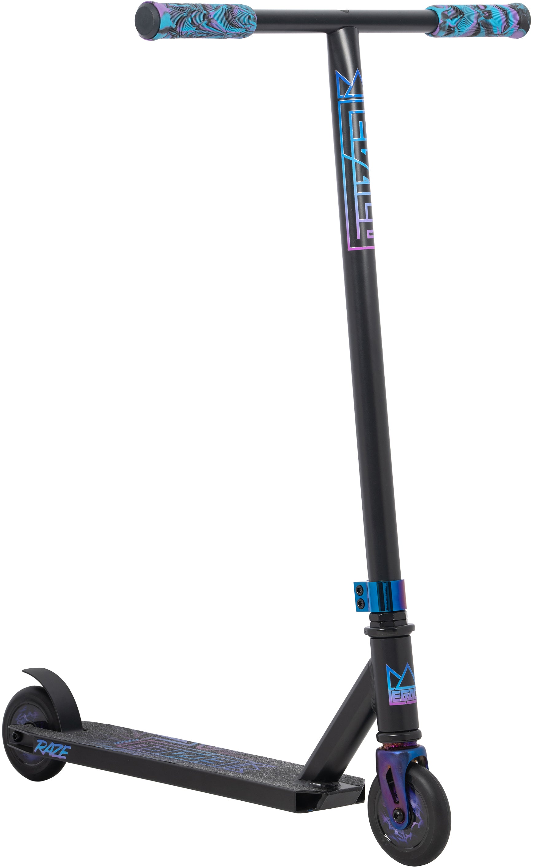 The Legacy Raze Complete Stunt Scooter - Blue Ray / Black by Legacy is a black beginner scooter with blue and purple accents, T-shaped handlebars, patterned grips, narrow deck, two small wheels, and rear fender brake—ideal for kids.