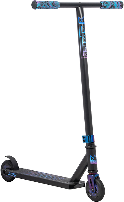 The Legacy Raze Complete Stunt Scooter - Blue Ray / Black by Legacy is a black beginner scooter with blue and purple accents, T-shaped handlebars, patterned grips, narrow deck, two small wheels, and rear fender brake—ideal for kids.