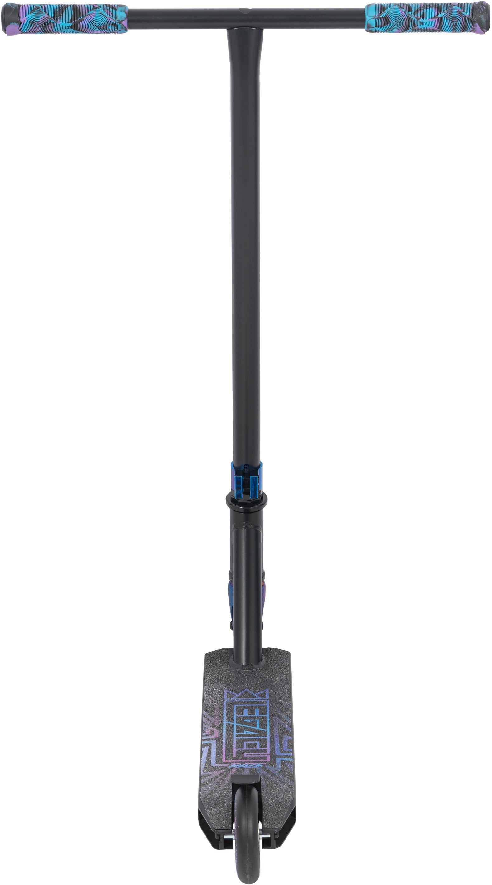 The Legacy Raze Complete Stunt Scooter - Blue Ray / Black by Legacy is a black beginner stunt scooter with blue and purple patterned handlebar grips and a geometric deck design, shown from the front.