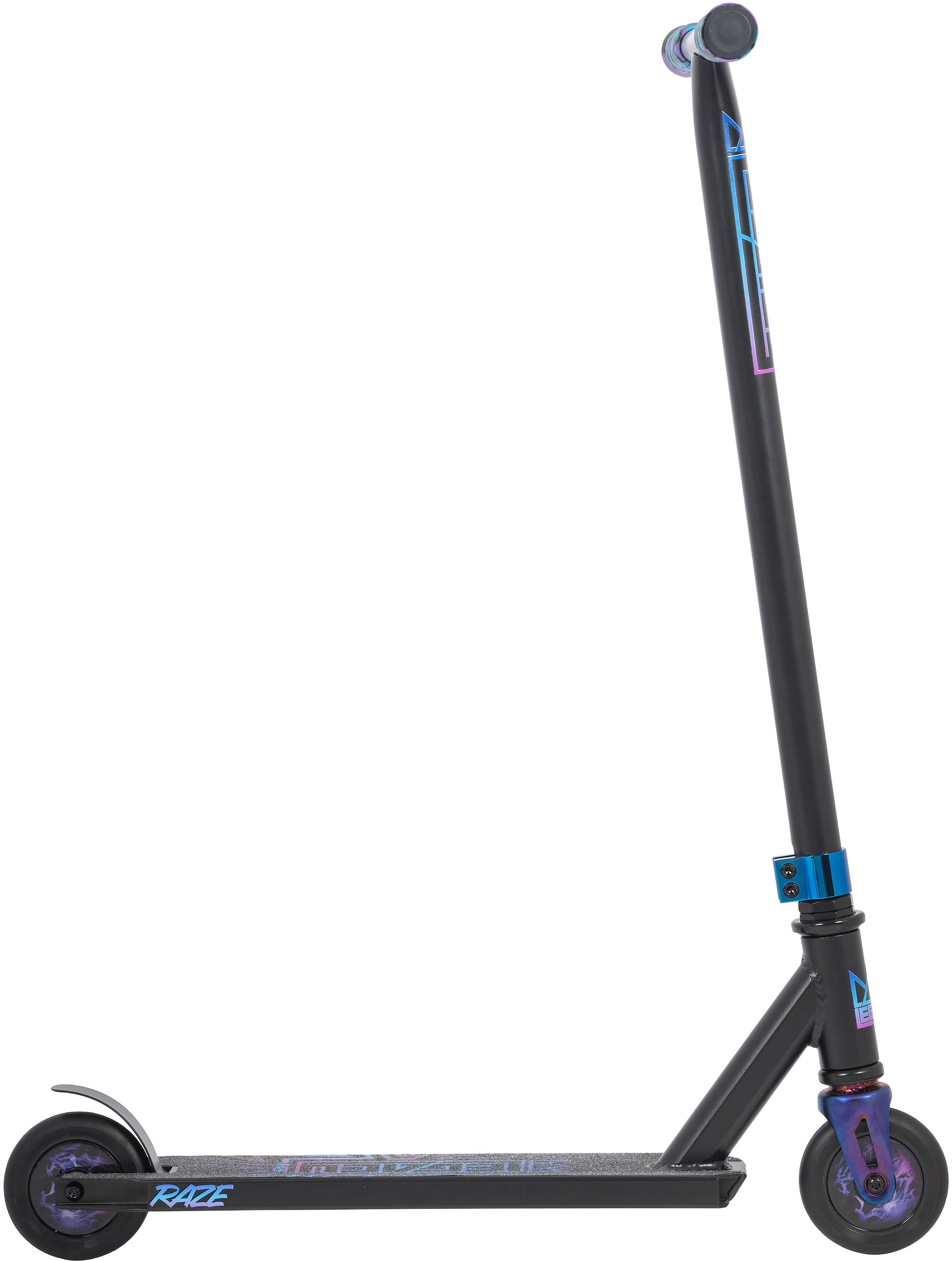 The Legacy Raze Complete Stunt Scooter in Blue Ray/Black features stylish iridescent touches on the wheels and handlebars, making it perfect for kids ready to master their first tricks.