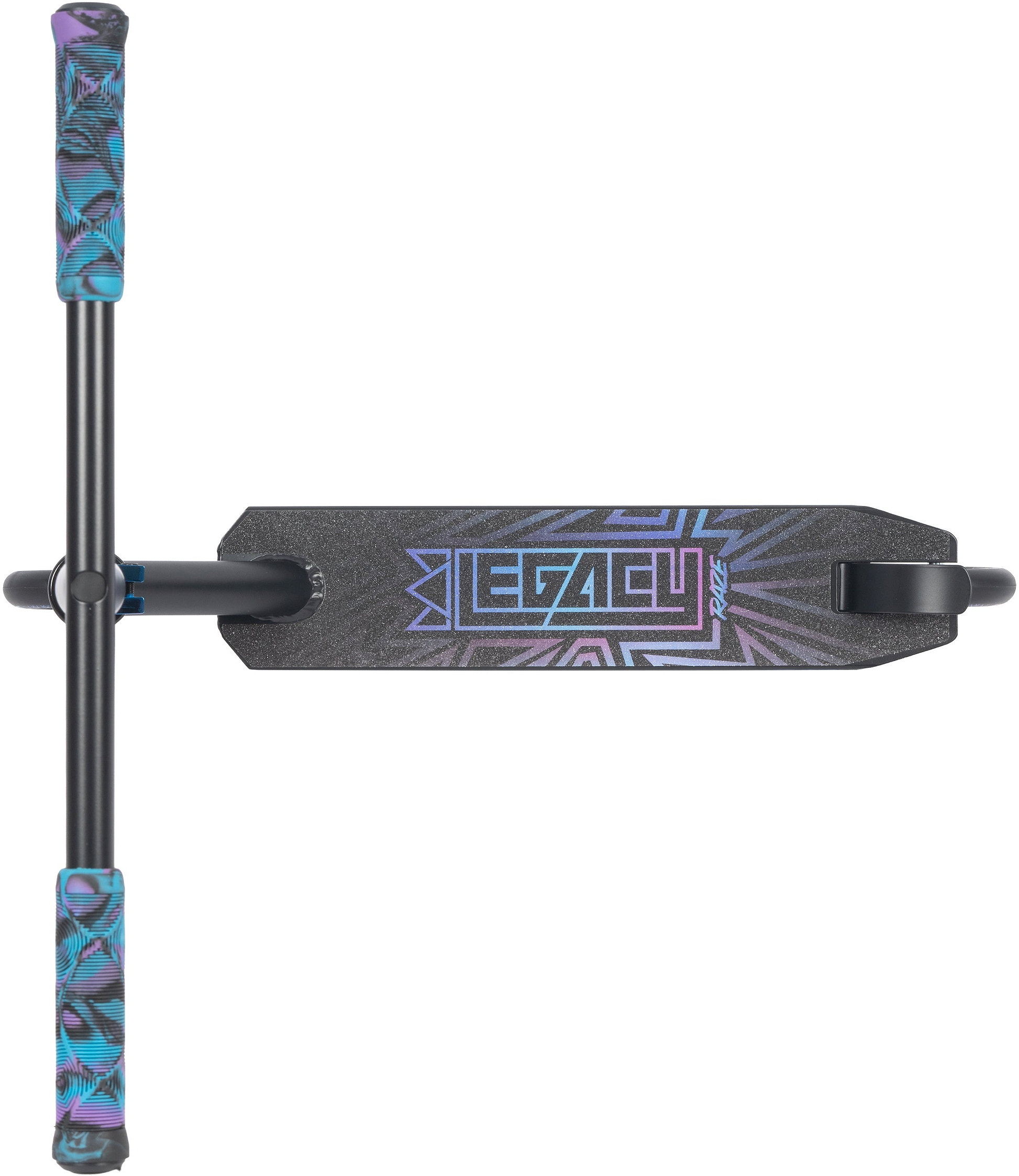Top-down view of the Legacy Raze Complete Stunt Scooter - Blue Ray / Black by Legacy, featuring a deck with bold "LEGACY" lettering and vibrant blue and purple grips on either side of the handlebar.