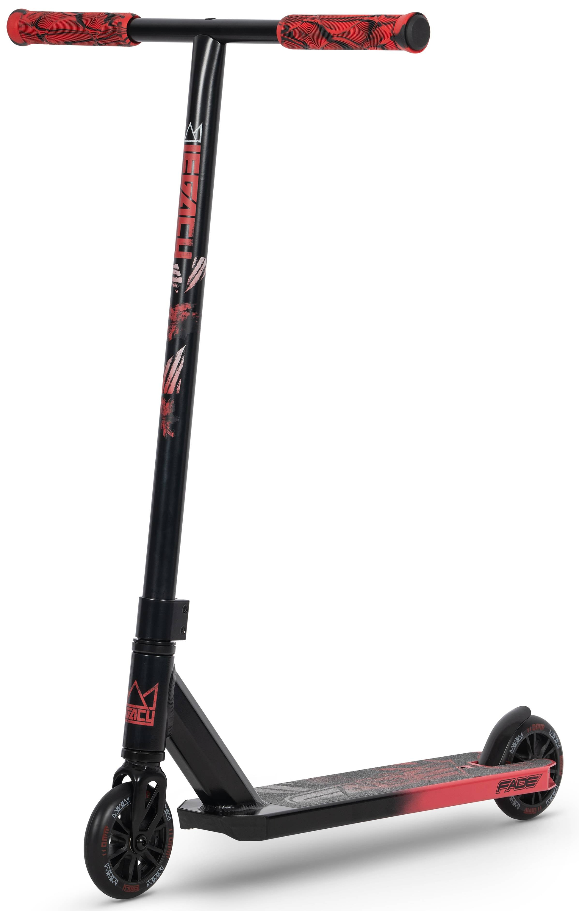 The Legacy Fade Complete Stunt Scooter - Black / Red by Legacy features a T-shaped handlebar, red grips, black wheels, and bold red graphics on the deck—ideal as a first stunt scooter for tricks.
