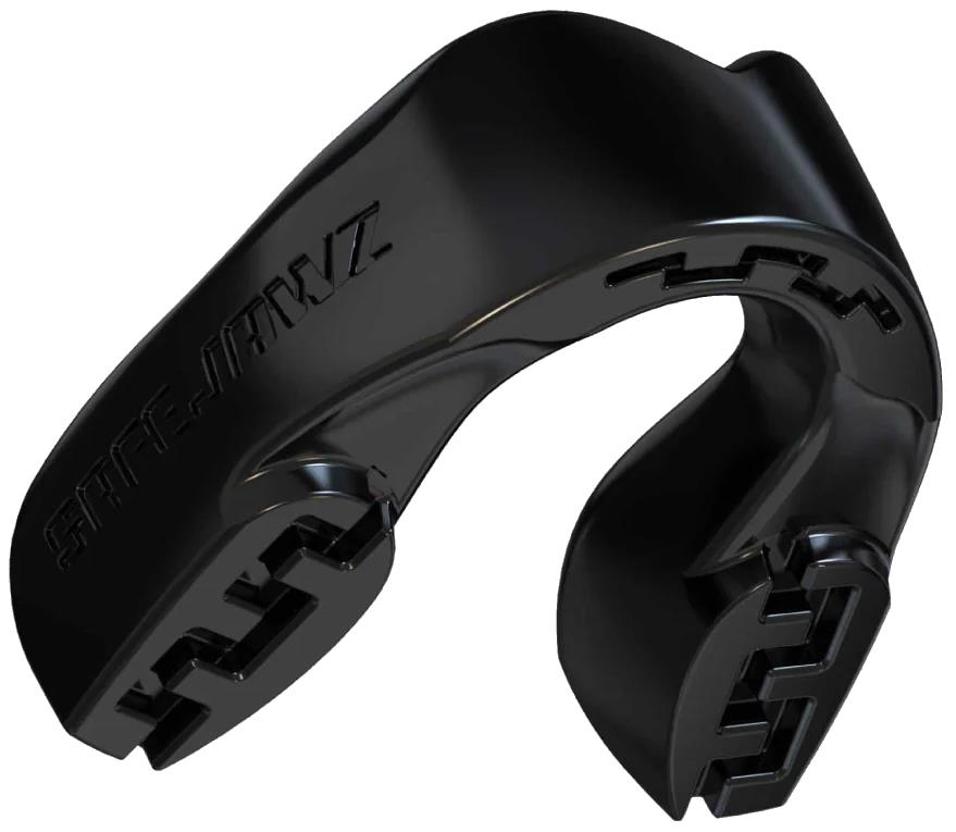 The Safejawz Intro Series Protection Mouthguard - Black features textured inner grips and jaw stabilization, with the Safejawz brand name embossed on the side, providing a secure and comfortable fit over upper teeth.