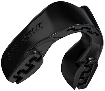 The Safejawz Intro Series Protection Mouthguard - Black features textured inner grips and jaw stabilization, with the Safejawz brand name embossed on the side, providing a secure and comfortable fit over upper teeth.