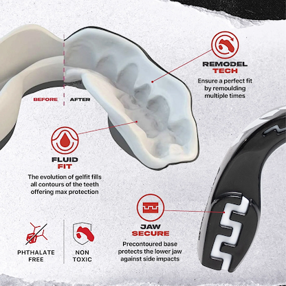 The Safejawz Extro Series Protection Mouthguard - Fangz by Safejawz features Remodel Tech for a customizable fit, hi-impact Fluid Fit protection, Jaw Secure for lower jaw support, and is phthalate-free and non-toxic.