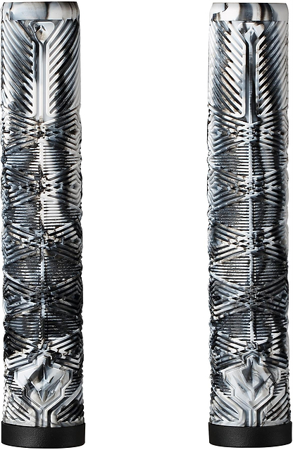 The Blunt Envy V3 Black / White Stunt Scooter Grips (160mm) feature a geometric black and white pattern, textured angular designs for grip, and black end caps. Inspired by stunt scooter grips, they're shown standing vertically side by side.