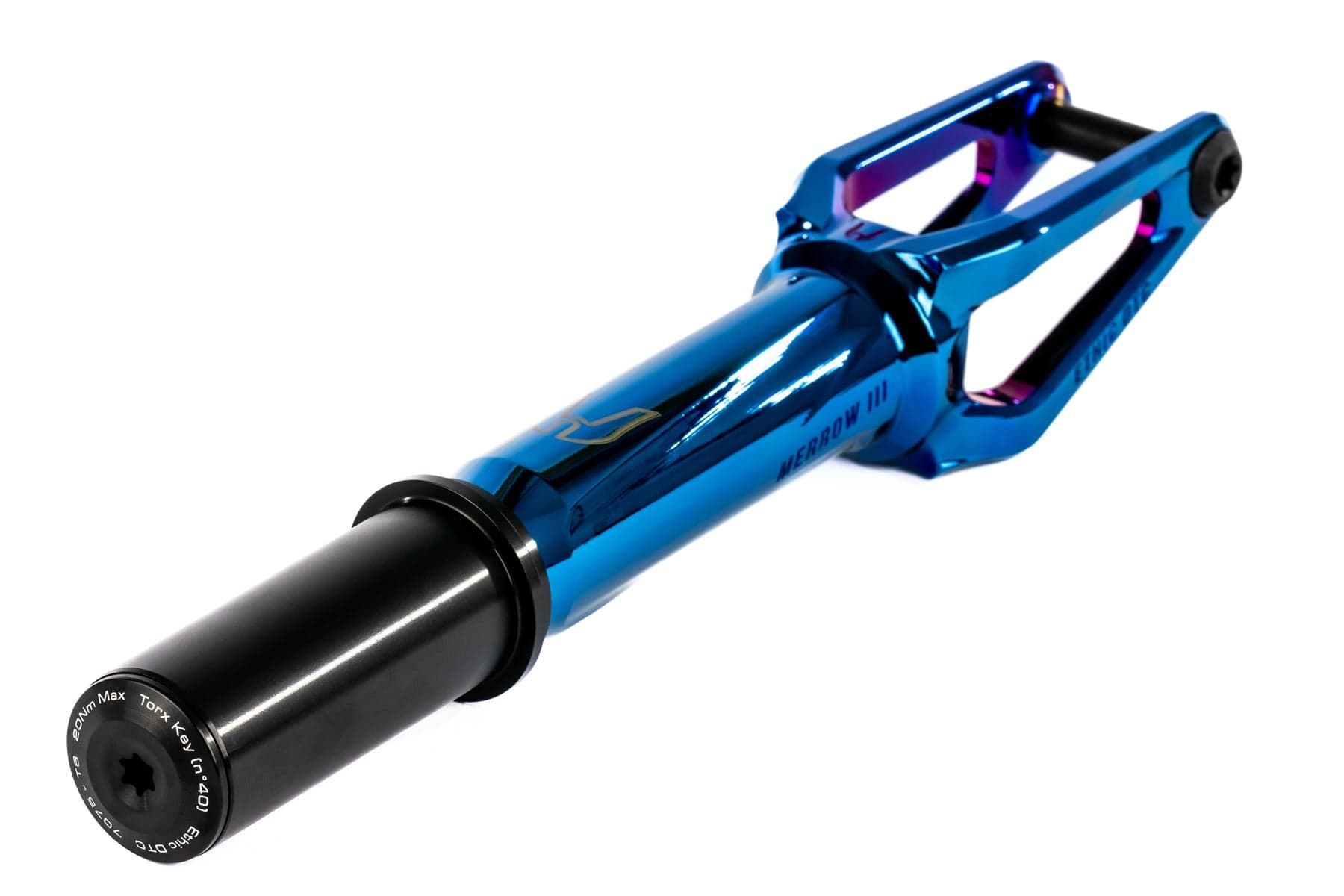 The Ethic DTC Merrow V3 IHC Stunt Scooter Fork in chrome blue features a lightweight, open 7075 aluminium design with a black axle bolt and glossy finish—shown as the lightest fork against a white background.