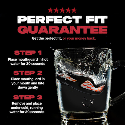 The Safejawz Nitro Series Protection Mouthguard (Black/Red) from Safejawz splashes into water. Text above reads "Perfect Fit Guarantee" and shows three steps: heat in hot water, bite down, cool under running water.