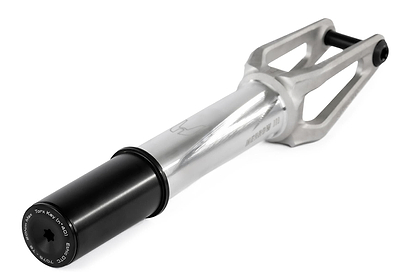 The Ethic DTC Merrow V3 HIC Stunt Scooter Fork in Raw Silver, made by Ethic from 7075 aluminium, features a black axle cap, open geometric frame, cylindrical section, and is designed to be the lightest fork in the world.