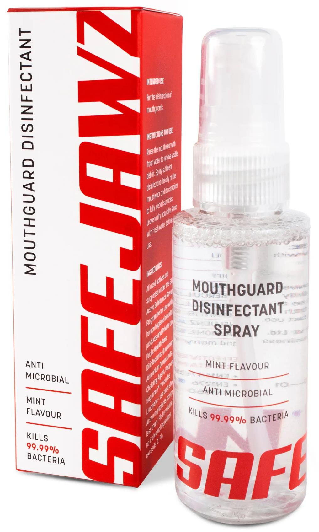 The Safejawz Mouthguard Disinfectant 50ml Spray - Mint kills 99.99% of bacteria for sports hygiene. The clear bottle with spray nozzle is shown next to its red and white packaging. Brand: Safejawz.