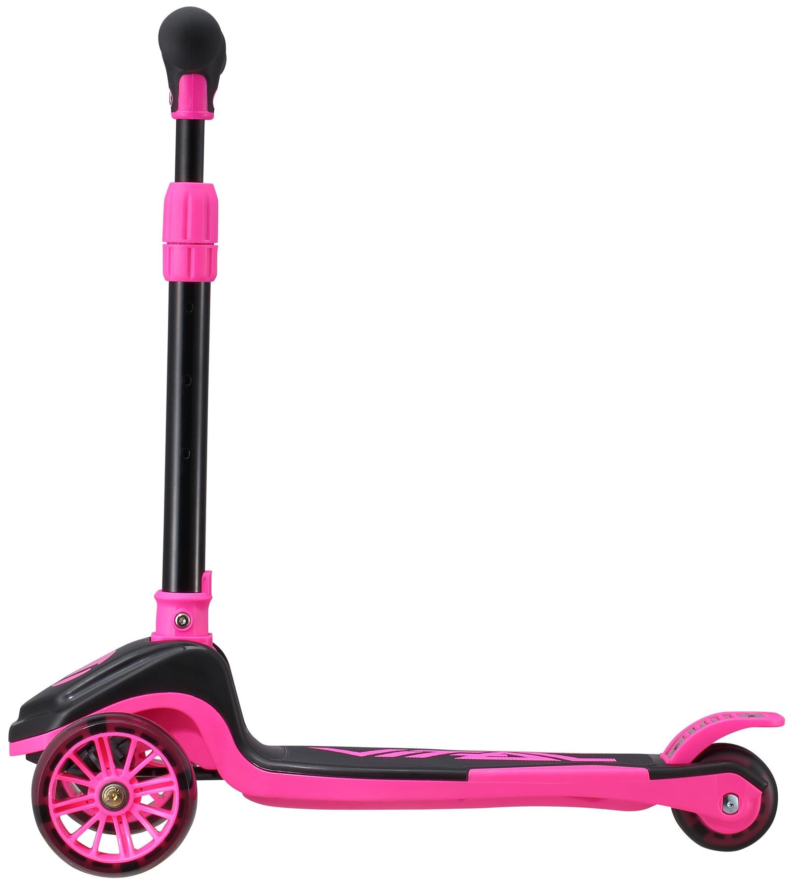 The Vital Tyke 3 Wheel Kids Scooter in pink by Vital features a wide deck, adjustable handlebar, and two front wheels for stability—ideal for beginners and shown side view on a white background.