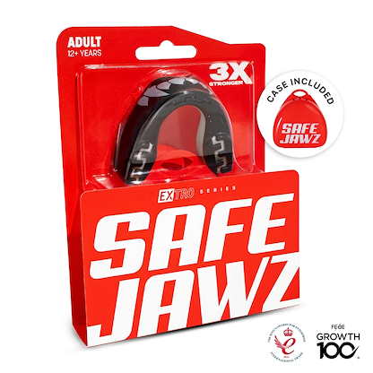 A Safejawz Extro Series Protection Mouthguard - Fangz in red and black packaging for ages 12+, features "3X stronger" hi-impact protection, FREE GROWTH 100, case included, and a quality award logo on the box.