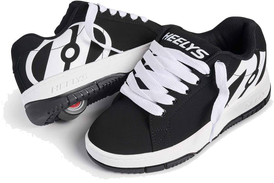 Heelys Kolect Boys Shoes by Heelys in black and white, featuring bold graphics, crisp white laces, and a wheel with ABEC 5 bearings embedded in the heel.