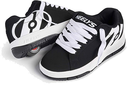 Heelys Kolect Boys Shoes by Heelys in black and white, featuring bold graphics, crisp white laces, and a wheel with ABEC 5 bearings embedded in the heel.