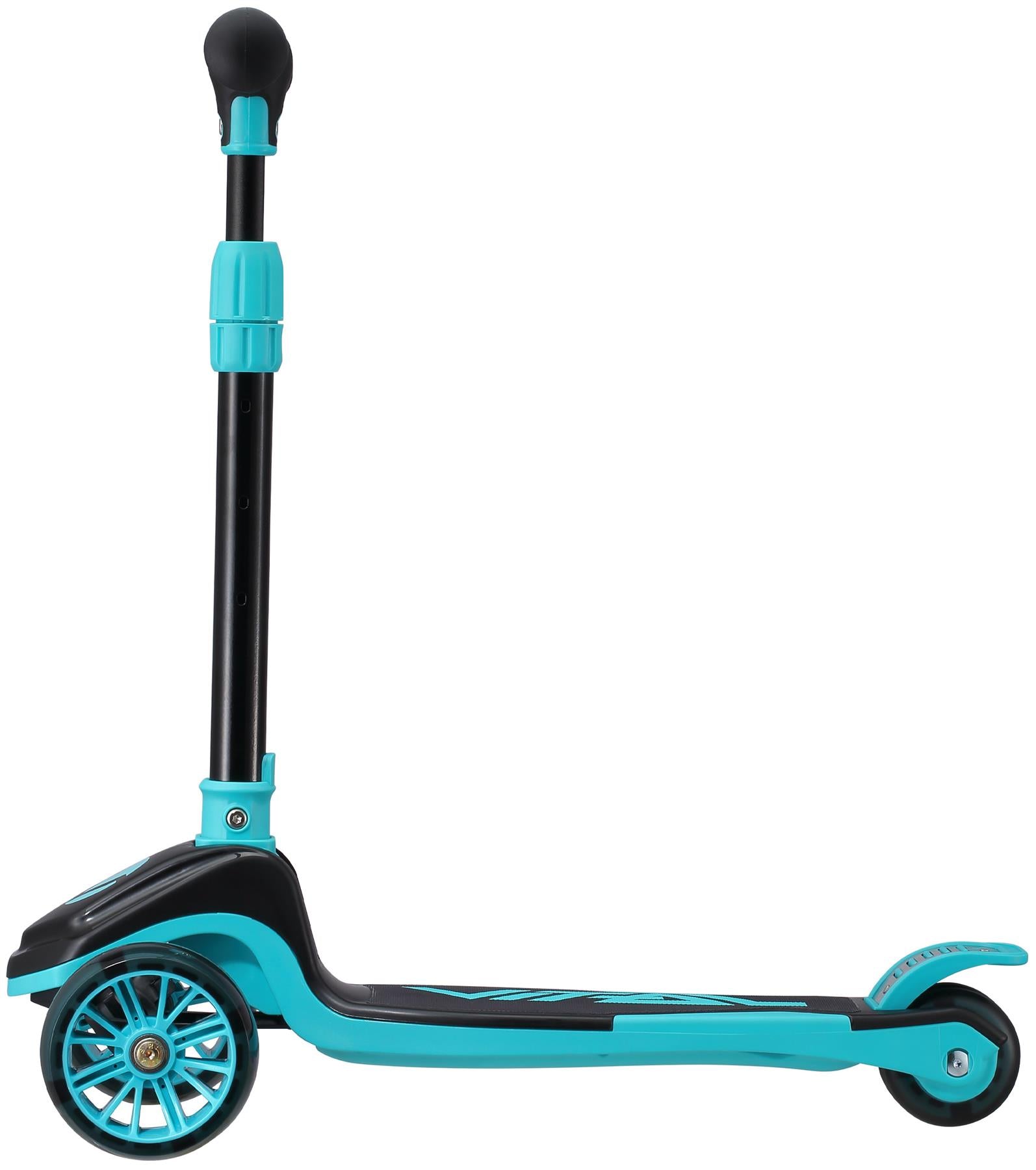 The Vital Tyke 3 Wheel Kids Scooter by Vital features an adjustable black handlebar, a teal and black frame, two large front wheels, and a small rear wheel—perfect as a first scooter for young riders.