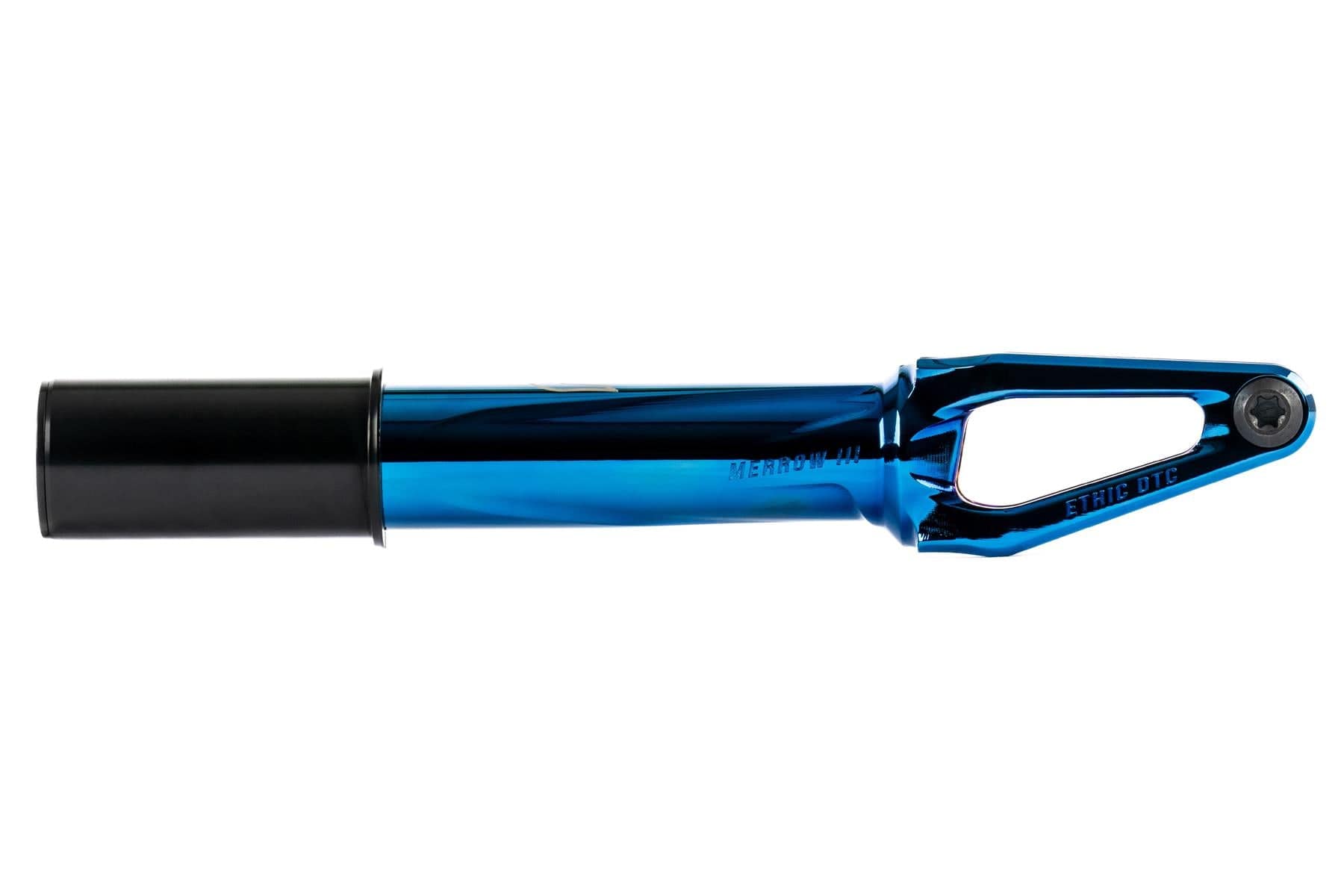 The Ethic DTC Merrow V3 HIC Stunt Scooter Fork in Chrome Blue, made from 7075 aluminium and featuring an open geometric design, is photographed on a white background—one of the lightest fork options available.