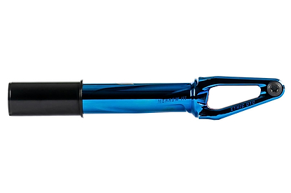 The Ethic DTC Merrow V3 HIC Stunt Scooter Fork in Chrome Blue, made from 7075 aluminium and featuring an open geometric design, is photographed on a white background—one of the lightest fork options available.