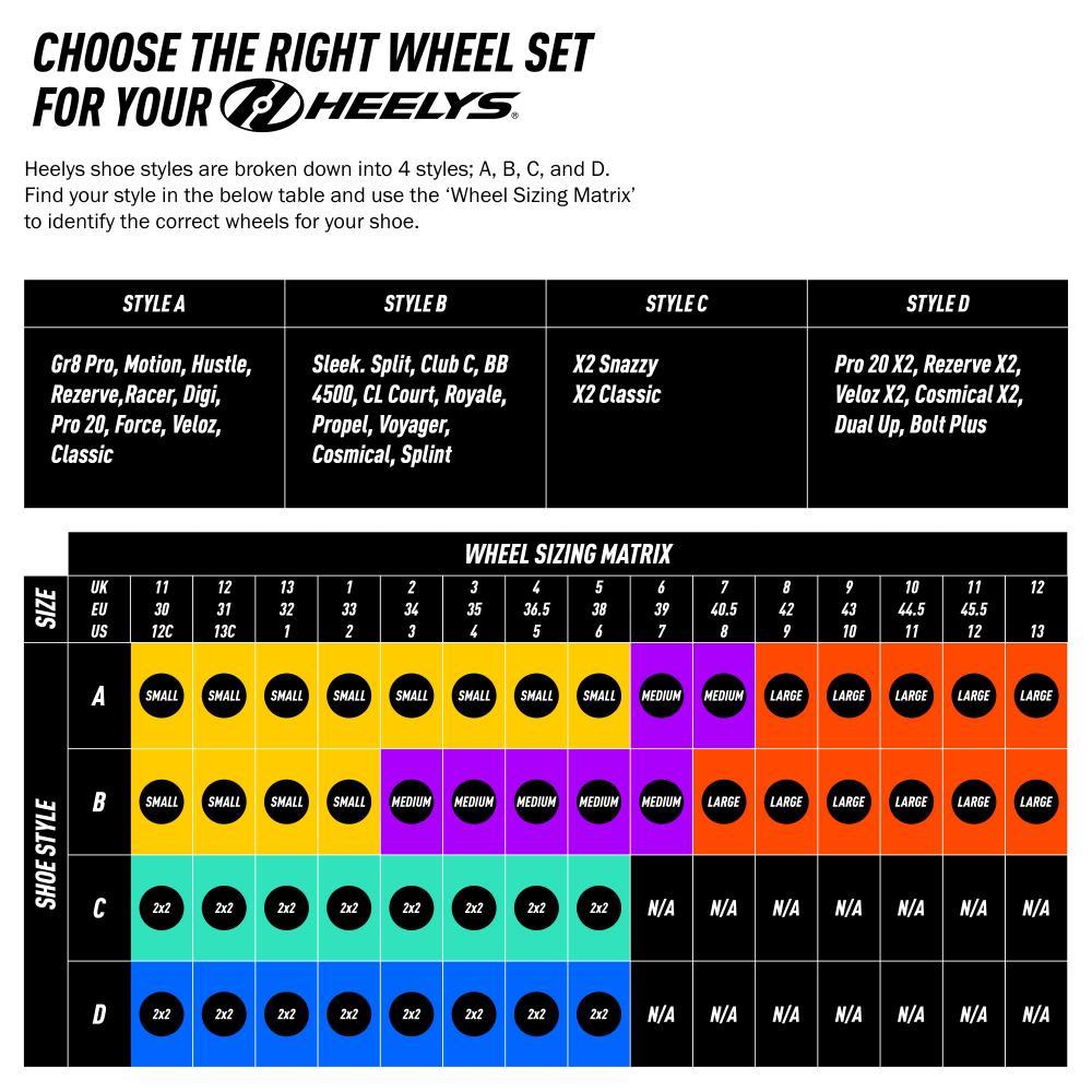 The Heelys wheel sizing chart for boys shoes, including the Heelys Rezerve Low X2 in White/Green/Gum, shows styles A–D and a matrix to pick the correct wheel size (2x2, 2x1, 1x1, Medium, Small, Large) by shoe size and style.