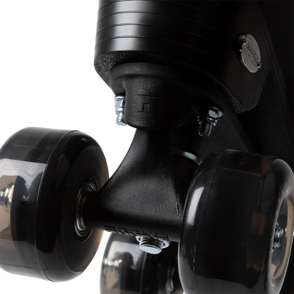 Close-up of the underside of Rookie Classic 78 Quad Roller Skates - Black by Rookie, showcasing shiny translucent wheels, sturdy axle, and metal mounting hardware that emphasize the quality construction.