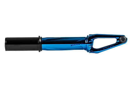 The Ethic DTC Merrow V3 IHC Stunt Scooter Fork in chrome blue by Ethic features a slim, angular 7075 aluminium design, MERROW III branding, and is acclaimed as the lightest fork with a visible bolt at one end.