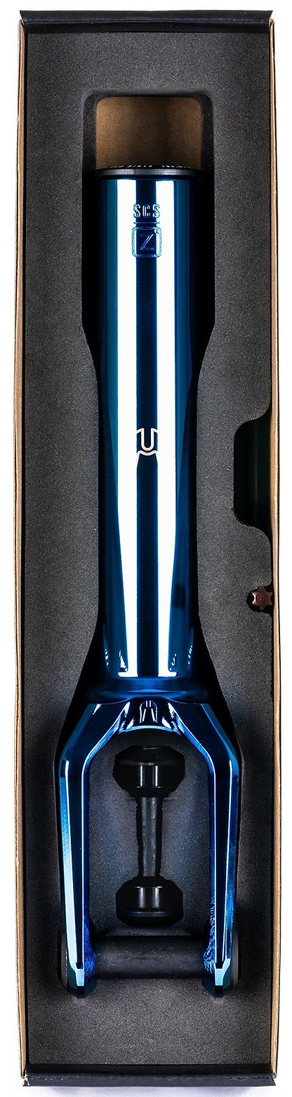 A chrome blue Ethic DTC Merrow V3 8/12STD SCS stunt scooter fork is neatly placed inside a black foam-lined box, viewed from above.
