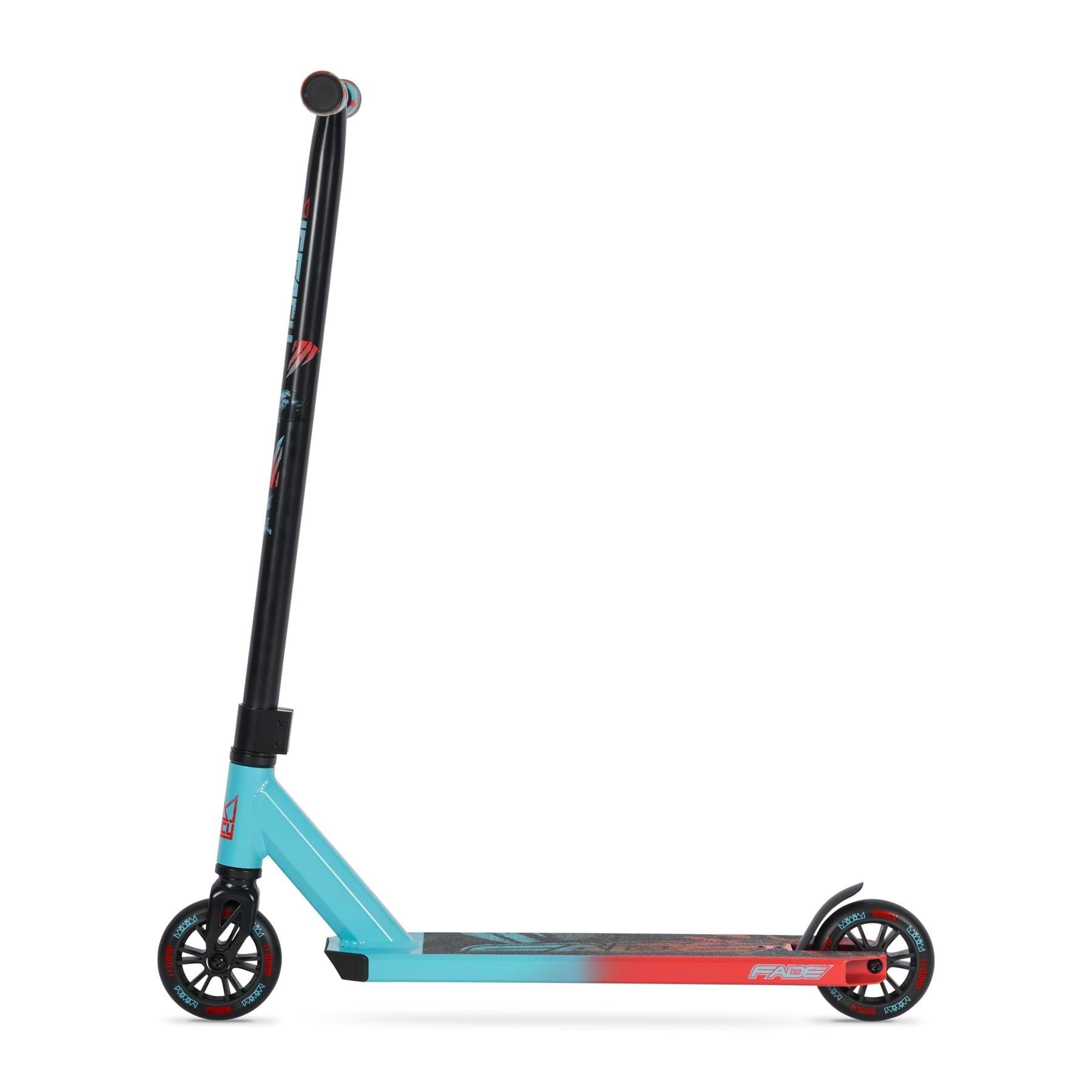 The Legacy Fade Complete Stunt Scooter by Legacy features a vibrant blue and red deck, black handlebars, and two black wheels. Displayed in profile on a white background, it's perfect for beginners eager to learn new tricks.