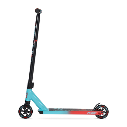 The Legacy Fade Complete Stunt Scooter by Legacy features a vibrant blue and red deck, black handlebars, and two black wheels. Displayed in profile on a white background, it's perfect for beginners eager to learn new tricks.