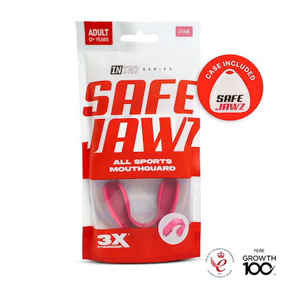 Packaging for the Safejawz Intro Series Protection Mouthguard - Pink (ages 12+) features a clear front showing the mouthguard and case, with "3X Stronger" text, jaw stability highlight, Safejawz logo, and award icons at the bottom right.